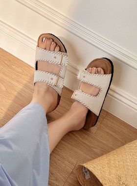 白鹿同款~真皮勃肯鞋女夏外穿半拖鞋缝线博肯鞋一字带白色凉拖鞋