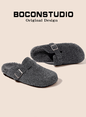 灰色加绒勃肯鞋女秋冬季2025新款毛毡半拖鞋厚底毛毛鞋棉鞋雪地靴