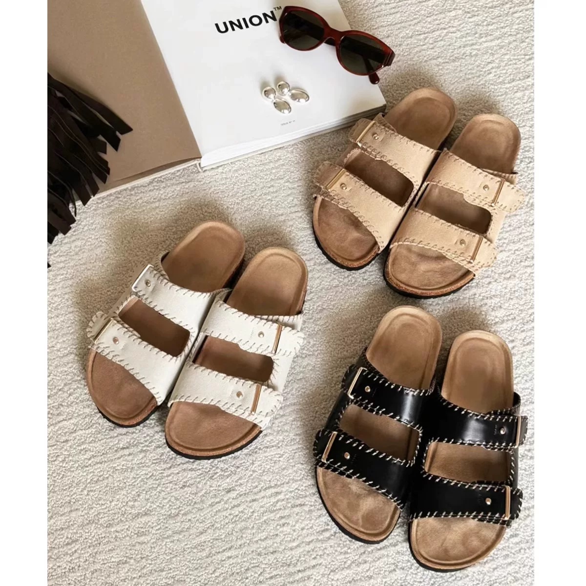 限时抢购~白鹿同款勃肯鞋女夏外穿半拖鞋缝线博肯鞋一字带凉拖鞋