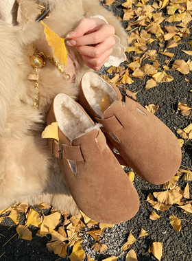 全包勃肯鞋足弓支撑加绒毛毛鞋女秋冬雪地靴真皮厚底博肯单鞋男款