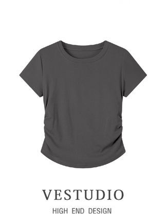 Brand Discount Leakage Summer Right Shoulder Waist Slimming Look Age-Reducing Pleated Top Design Slim Short-Sleeved Women's T-Shirt