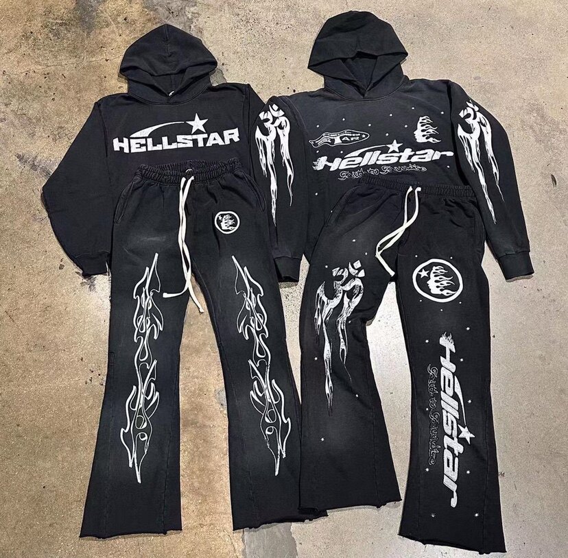 HELLSTAR 플레어 블랙 팬츠 워싱 패치워크 후드 스웨트셔츠 캐주얼 정장 바지 플레어 팬츠