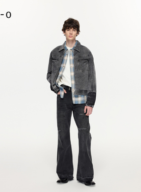 Re0复古重磅水洗黑色泼墨泥染做旧老钱风微喇宽松弛感休闲牛仔裤