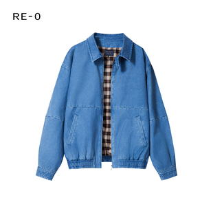 型 Re0日本进口磨毛鼹鼠皮成衣染复古宝蓝色水洗翻领外套夹克版