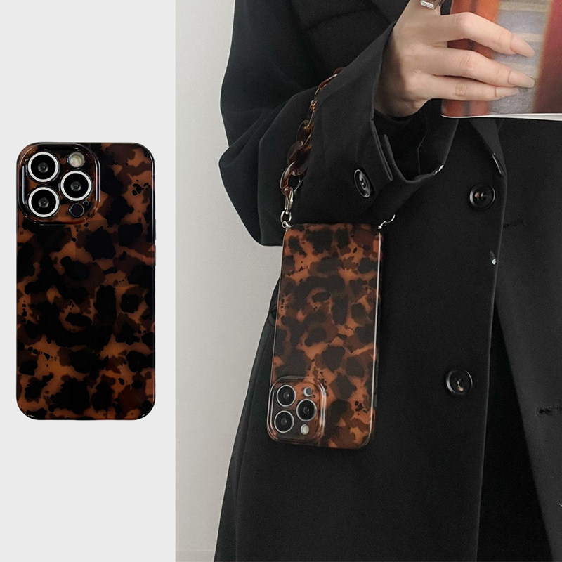 复古琥珀豹纹带手链适用苹果17promax手机壳16pro高级感iPhone13/12/11Pro潮流15pm个性xsmax/xr女硅胶保护套