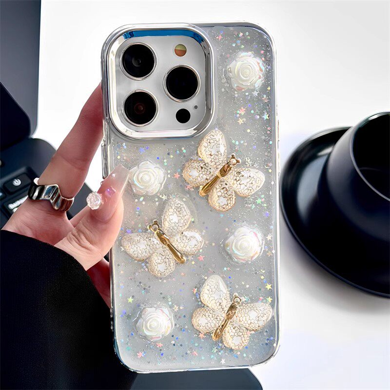 立体透明滴胶适用苹果16promax手机壳15pro带挂绳iPhone14/13/12pro闪粉花朵蝴蝶16pm新款创意女神防摔保护套