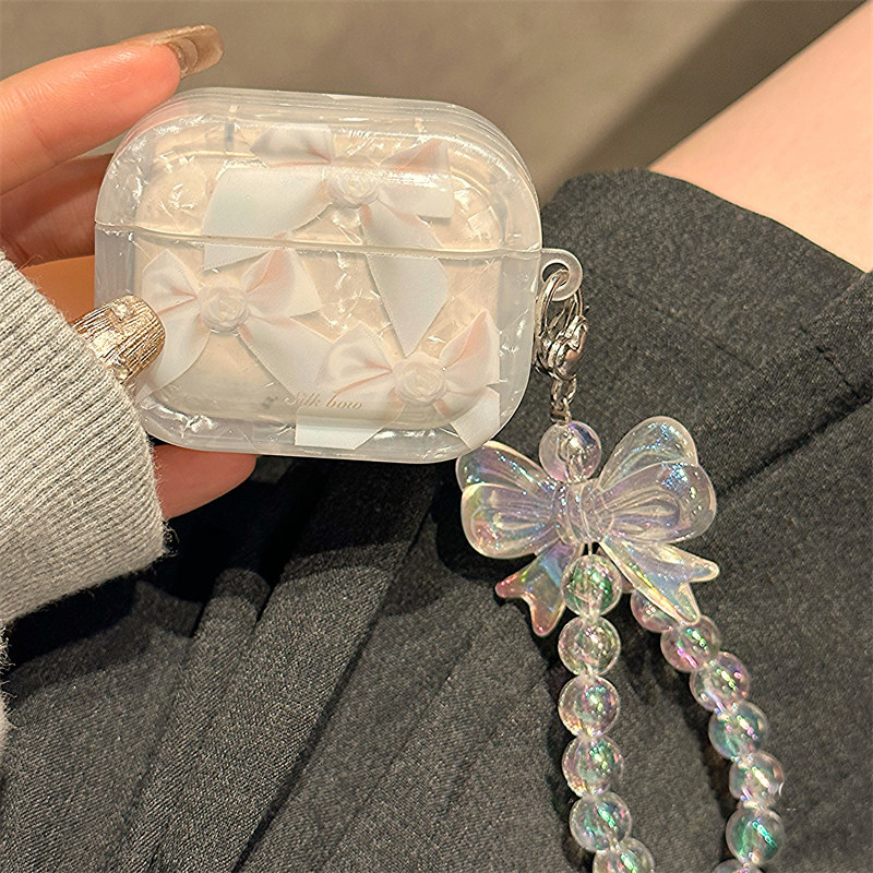 贝壳纹蝴蝶结手链适用苹果airpodspro3保护套airpods4无线蓝牙耳机壳airpods3/2第三代高级感透明硅胶耳机套