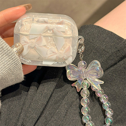 贝壳纹蝴蝶结手链适用苹果airpodspro3保护套airpods4无线蓝牙耳机壳airpods3/2第三代高级感透明硅胶耳机套