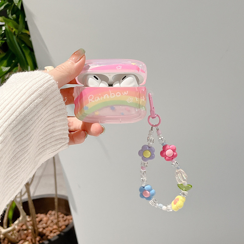 渐变彩虹花朵适用苹果airpodspro3耳机保护壳airpods4代少女心粉色带链条airpods3/2代无线蓝牙收纳盒保护套