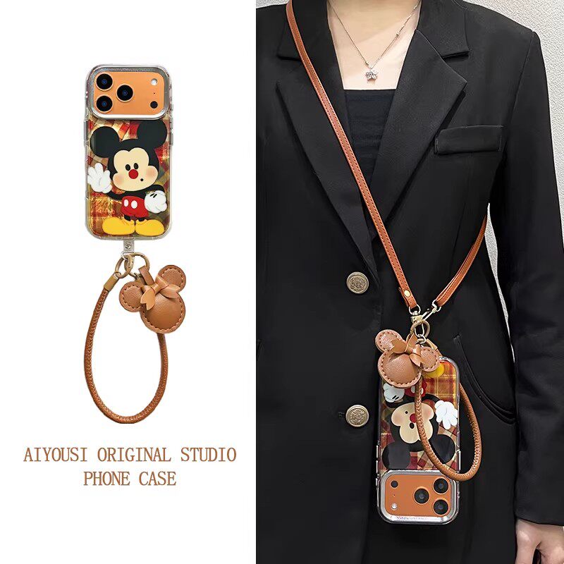 萌系米老鼠适用苹果17promax手机壳16pro高级感iPhone15/14pro新款电镀17pm手提带挂绳14斜挎创意防摔保护套