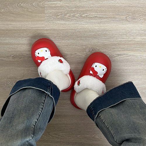 红色毛绒拖鞋女秋外穿防水加厚冬季保暖可拆卸厚底室内包跟棉拖鞋