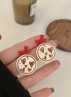 925银针复古红色蝴蝶结耳环简约甜美ins风爱心耳钉无耳洞耳夹E238