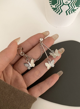 S925银针蝴蝶流苏耳钉女简约气质耳骨夹耳坠长款小众耳饰耳夹D152