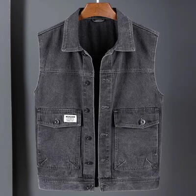 2025新款牛仔外套男春秋季宽松痞帅港风夹克坎肩无袖工装背心马甲