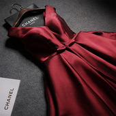 时尚 缎面礼服伴娘团新款 毕业小礼服 双肩酒红色中长款 短裙款