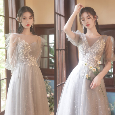 伴娘服2025年新款秋季婚礼灰色姐妹团学生毕业显瘦小个子礼服裙女