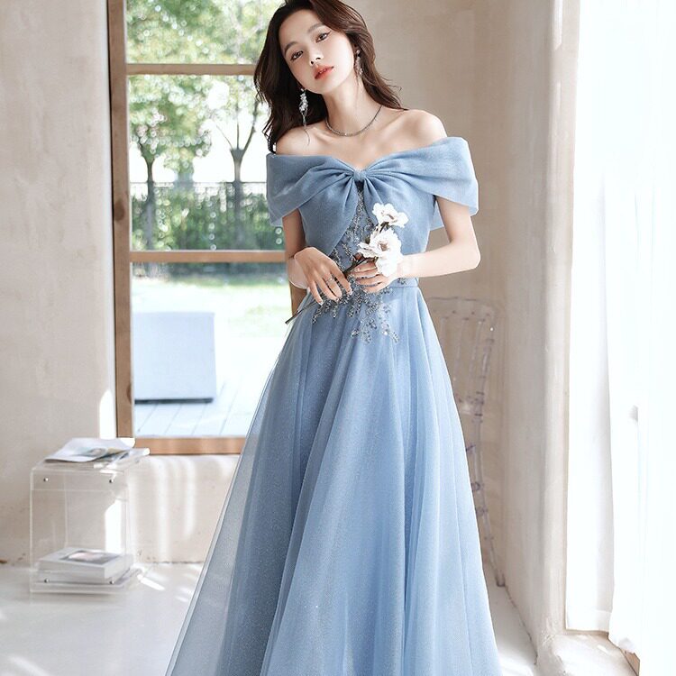 一字肩晚礼服宴会气质法式主持人蓝色毕业学生舞会礼服连衣裙