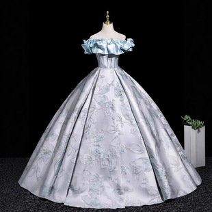 蓝色一字肩成人礼晚礼服裙学生艺考蓬蓬裙公主裙高中生毕业礼服