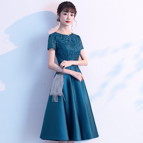气质宴会小礼服女2026新款参加婚礼妈妈婚宴连衣裙春夏蓝色晚礼服