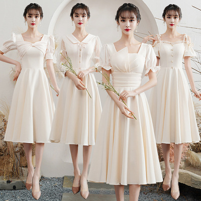 简约大气伴娘服秋冬香槟色平时可穿小个子中长款姐妹团晚礼服裙女