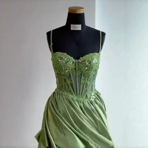 欧美跨境绿色吊带鱼骨束身礼服蕾丝镶钻缎面开衩鱼尾prom dress