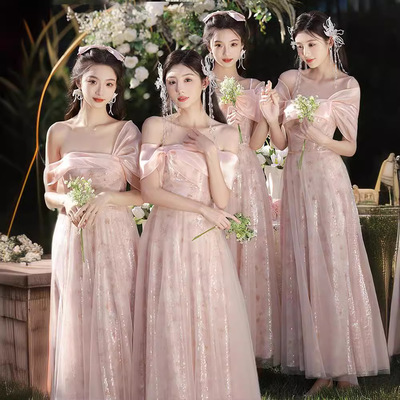 伴娘服婚礼平时可穿高级感小众粉色仙气质小个子姐妹团晚礼服裙女