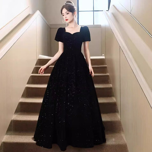 黑色晚礼服新款丝绒长款学生声乐艺考钢琴成人礼服裙年会主持礼服