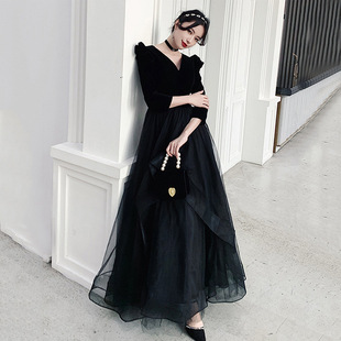 晚礼服2026新款夏季长袖气质丝绒宴会连衣裙女黑色长款年会晚礼服