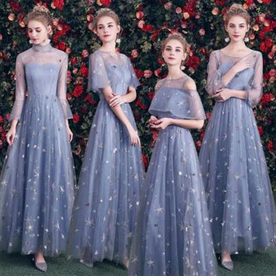 蓝色伴娘服伴娘团结婚仙气质中式中国风长款宴会姐妹裙晚礼服女