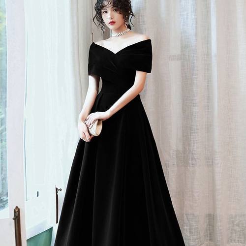 黑色晚礼服裙女显瘦大码一字肩宴会气质时尚年会礼服长款小个子秋
