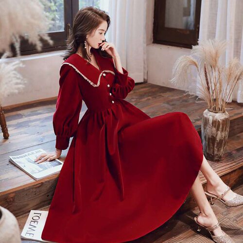 丝绒敬酒服2026新款秋春加厚连衣裙新娘结婚酒红色回门服宴会礼服
