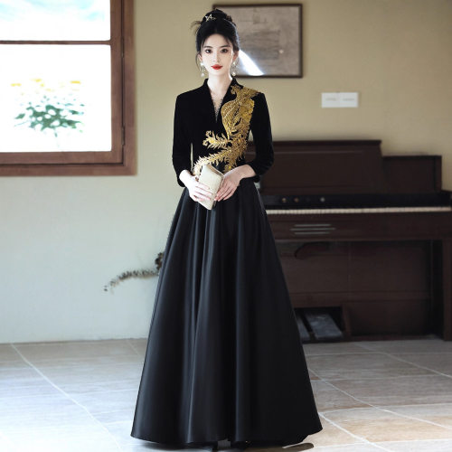 晚礼服女2026新款宴会主持人黑色夏季长袖小众轻奢艺考合唱演出服