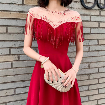 2025新款夏季流苏小个子红色订婚晚礼服裙平时可穿显瘦新娘敬酒服