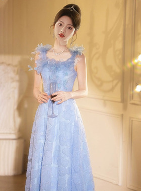 蓝色晚礼服女高级感轻奢小众高端绝美宴会晚宴主持人成人礼艺考裙