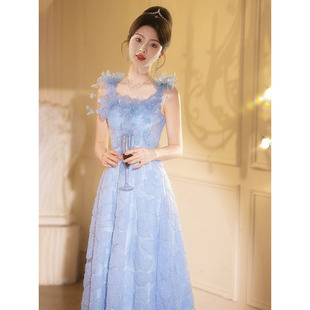蓝色晚礼服女高级感轻奢小众高端绝美宴会晚宴主持人成人礼艺考裙