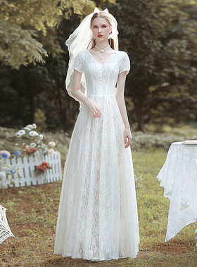 高级法式复古轻婚纱秋冬新款新娘白色蕾丝简约小个子迎宾礼服斯艾