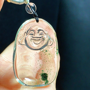东海水晶天然雕刻佛头绿幽灵吊坠男女款项链百搭吊坠毛衣链饰品