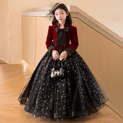 女童礼服酒红色赫本风公主裙儿童生日钢琴演奏主持人长袖春秋