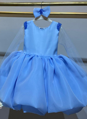 kids女宝宝一周岁礼服新款蓝色缎面生日宴会儿童公主裙子跨境
