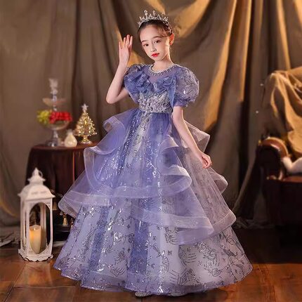 儿童紫色晚礼服公主裙2026新款女童模特走秀主持钢琴演出服演奏服