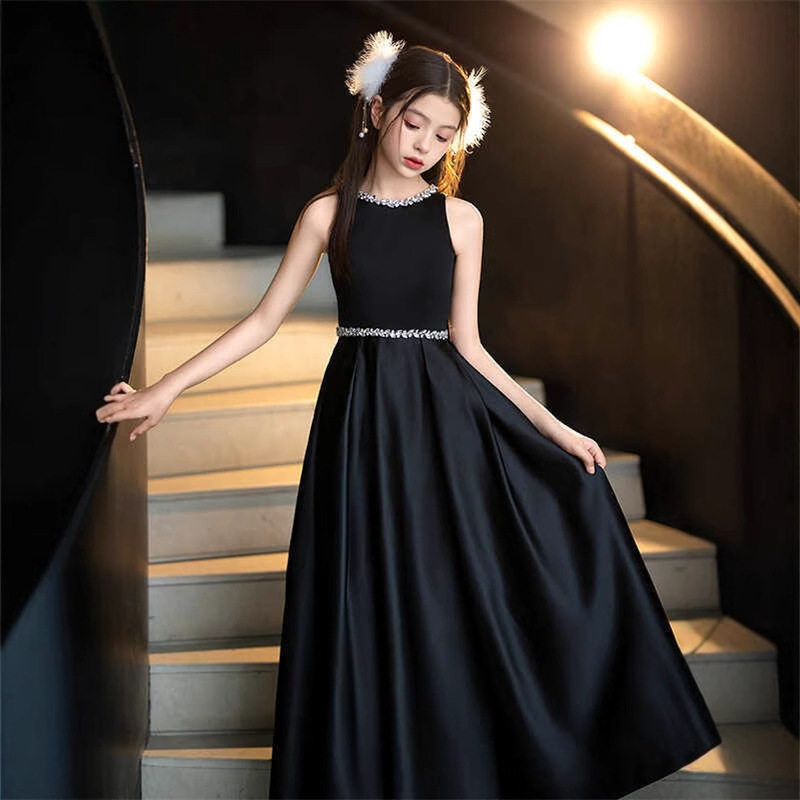 黑色无袖儿童演出服汇报演出钢琴小提琴演出服女童走秀长款连衣裙