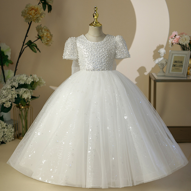 白色公主裙儿童礼服长裙重工珠绣网纱蓬蓬裙生日宴会小主持人礼服