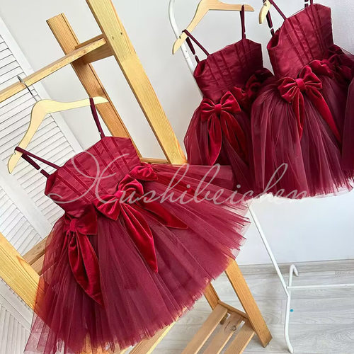 children's dress吊带公主裙女童酒红色蝴蝶结网纱裙儿童礼服