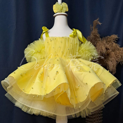Children's Dress黄色公主裙2026新款中小童蓬蓬裙手工钉珠蝴蝶结