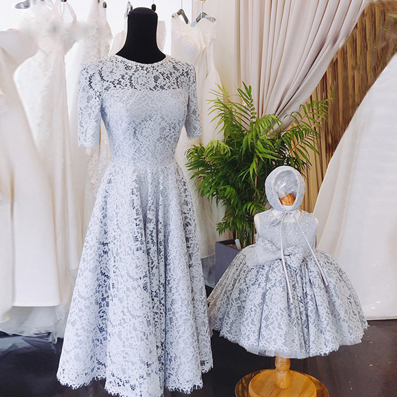 儿童公主裙烟灰色蓬蓬裙走秀礼服亲子装母女钢琴演出服女童礼服裙