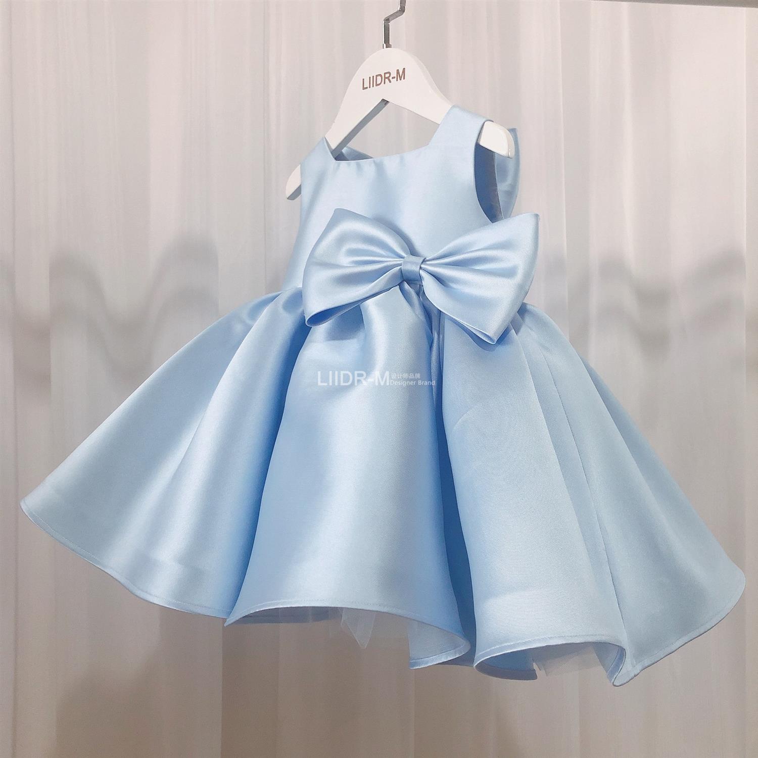 外贸女童周岁礼服缎面蓬蓬裙大蝴蝶结礼服钢琴演出服多层纱纱礼服