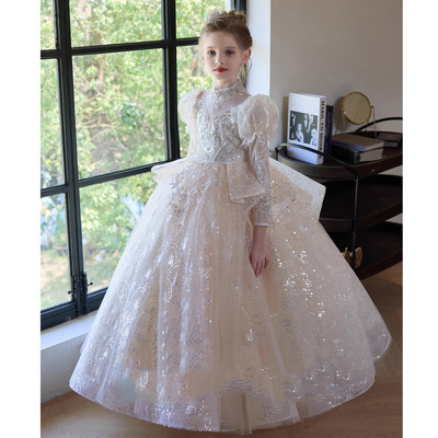 儿童晚礼服主持人长袖秋冬女童生日走秀钢琴演出服花童公主裙