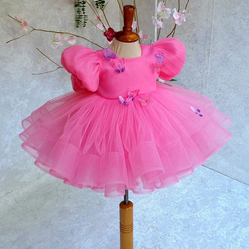 baby girls dress儿童礼服中小童立体蝴蝶欧美粉色女童公主裙