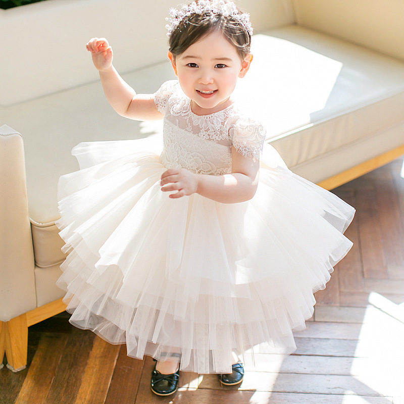 韩版高腰儿童周岁白色公主裙 花童婚纱礼服女蓬蓬裙纱裙表演服女