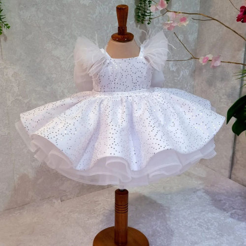 Princess dress儿童礼服白色飞飞袖蝴蝶结公主裙模特走秀演出服装
